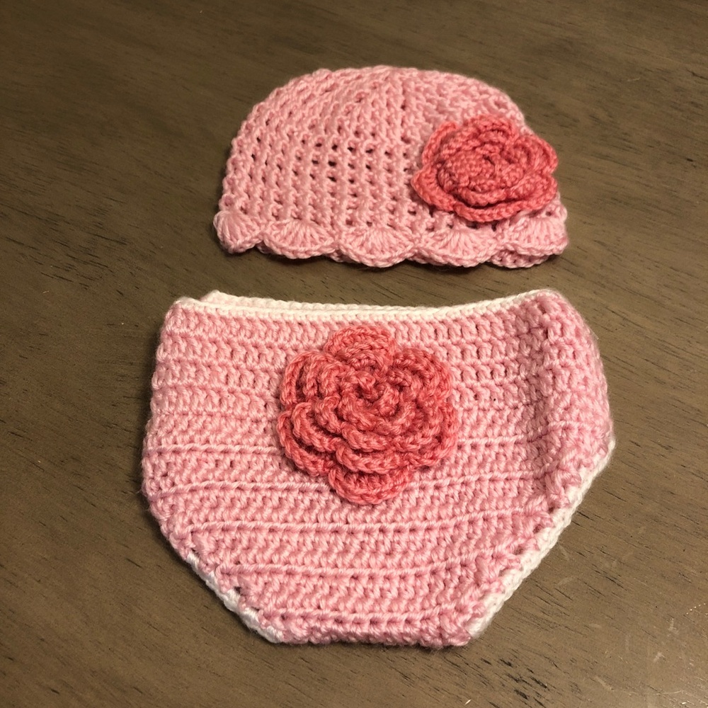 Pink Crochet Baby Hat and Diaper Cover Set